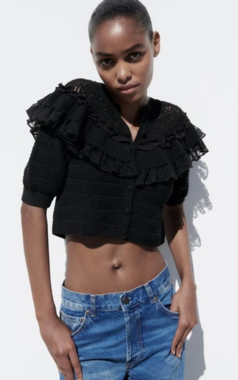 Zara Knit Ruffle Crop Top Button Front Sweater Womens Size Small Black New